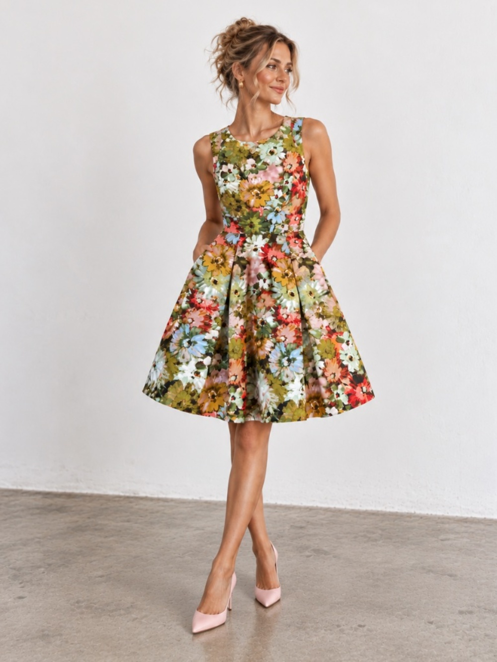 NEIMAN MARCUS Vibrant Floral Fit & Flare Cold Shoulder Pleated Cocktail Dress 4